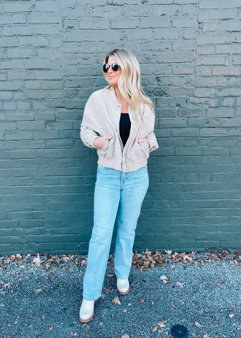 Let Me Think On It Snap Button Bomber Jacket