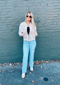 Let Me Think On It Snap Button Bomber Jacket