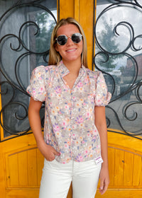 Delicate Floral Button Up Smocked Blouse