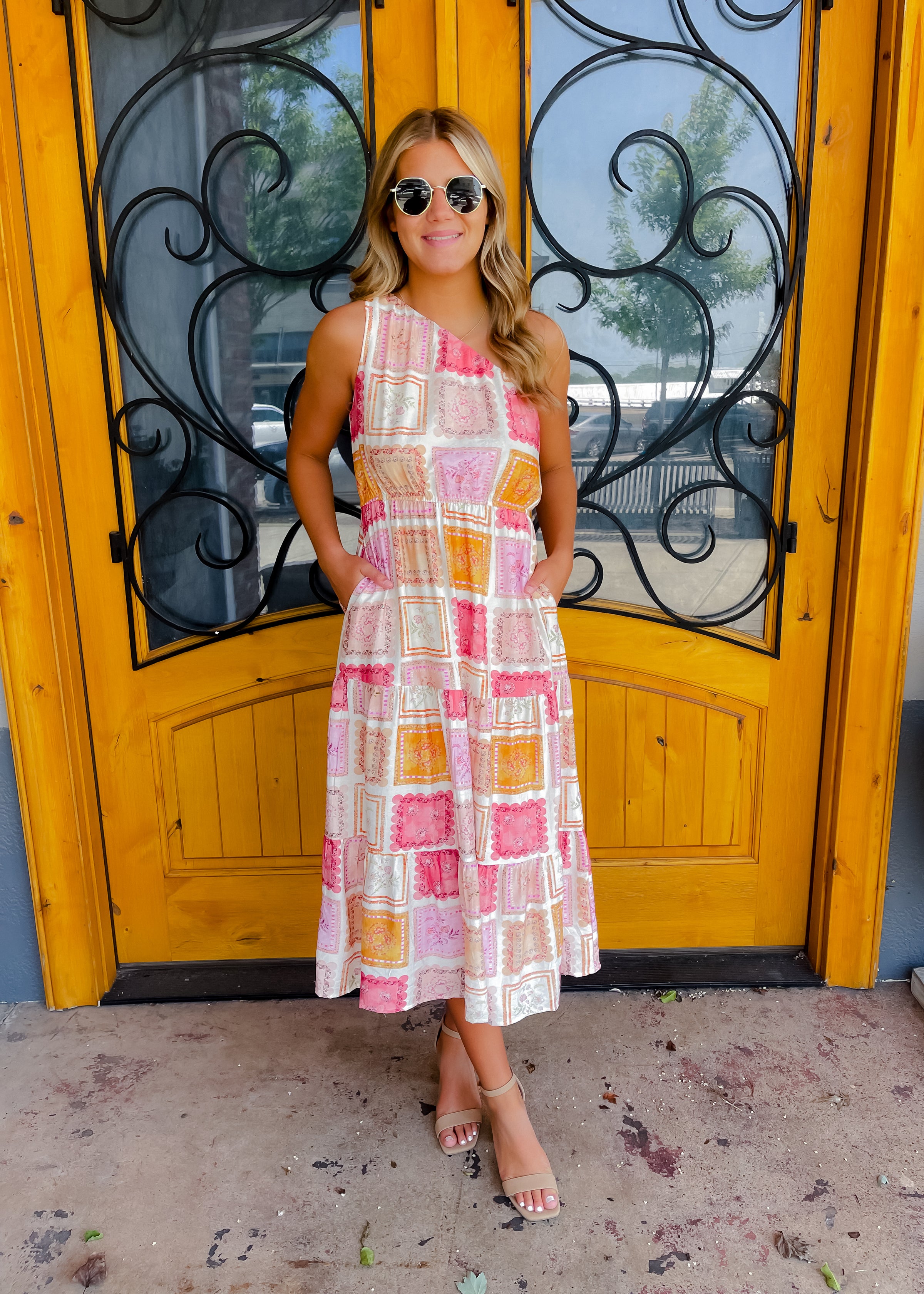 First Class Flirt Quilt Print One Shoulder Midi Dress