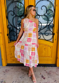 First Class Flirt Quilt Print One Shoulder Midi Dress
