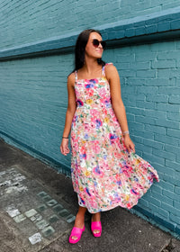 Flower Party Smocked Tie Shoulder  Midi Dress
