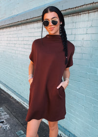Short And Sweet Scuba Mock Neck Dress (S-XL) - Brown