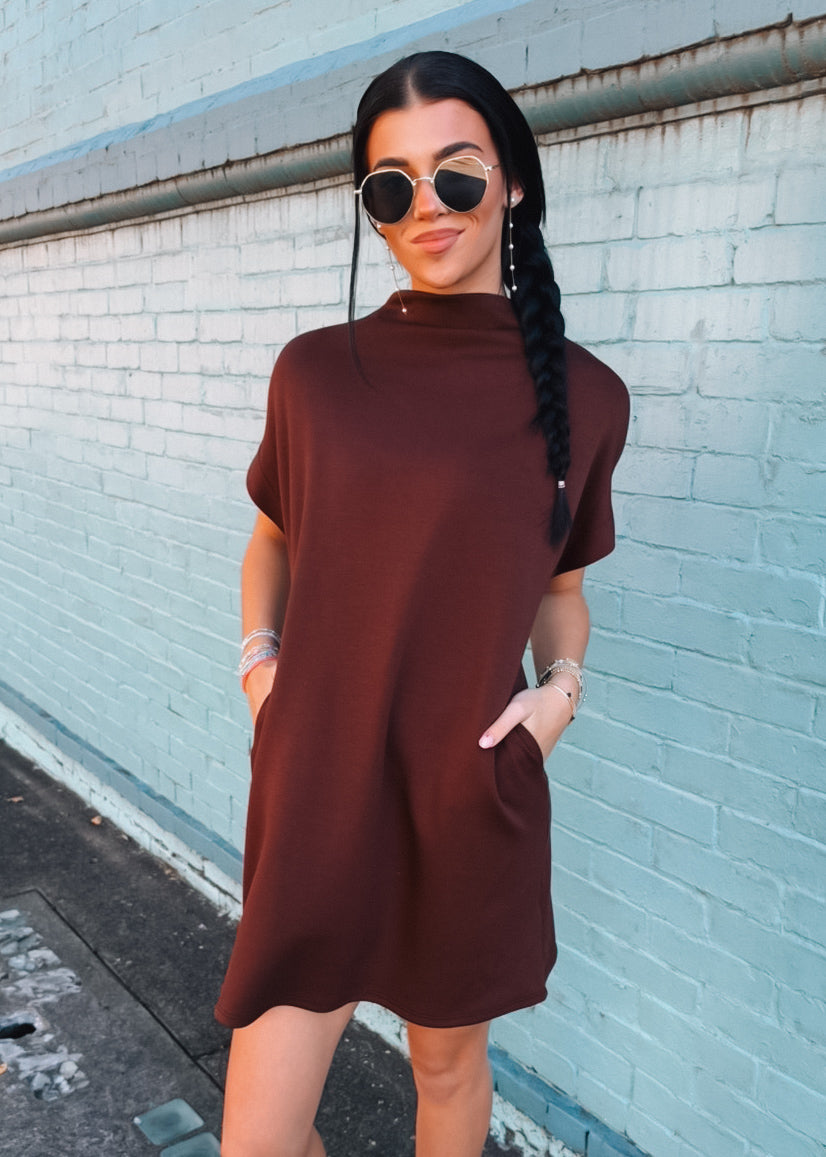 Short And Sweet Scuba Mock Neck Dress (S-XL) - Brown