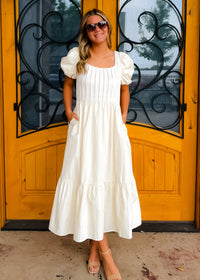 All For It Cream Pintuck Puff Sleeve Midi Dress