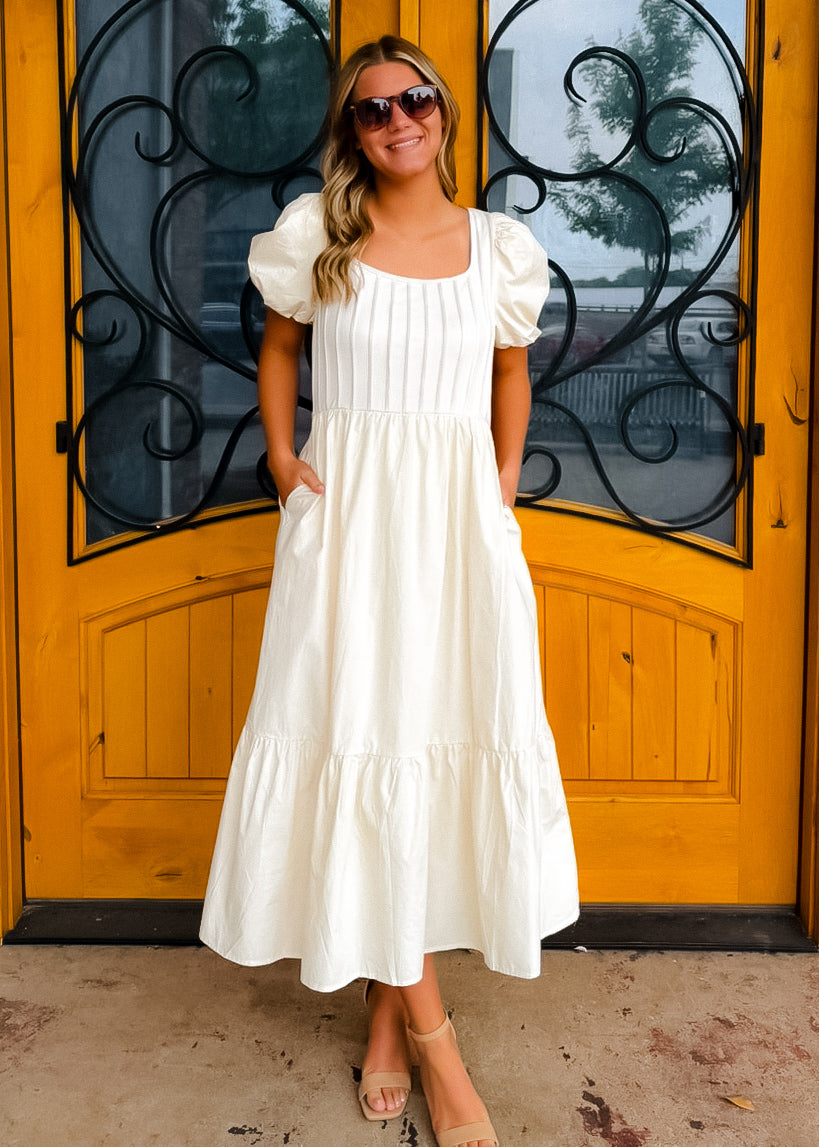 All For It Cream Pintuck Puff Sleeve Midi Dress