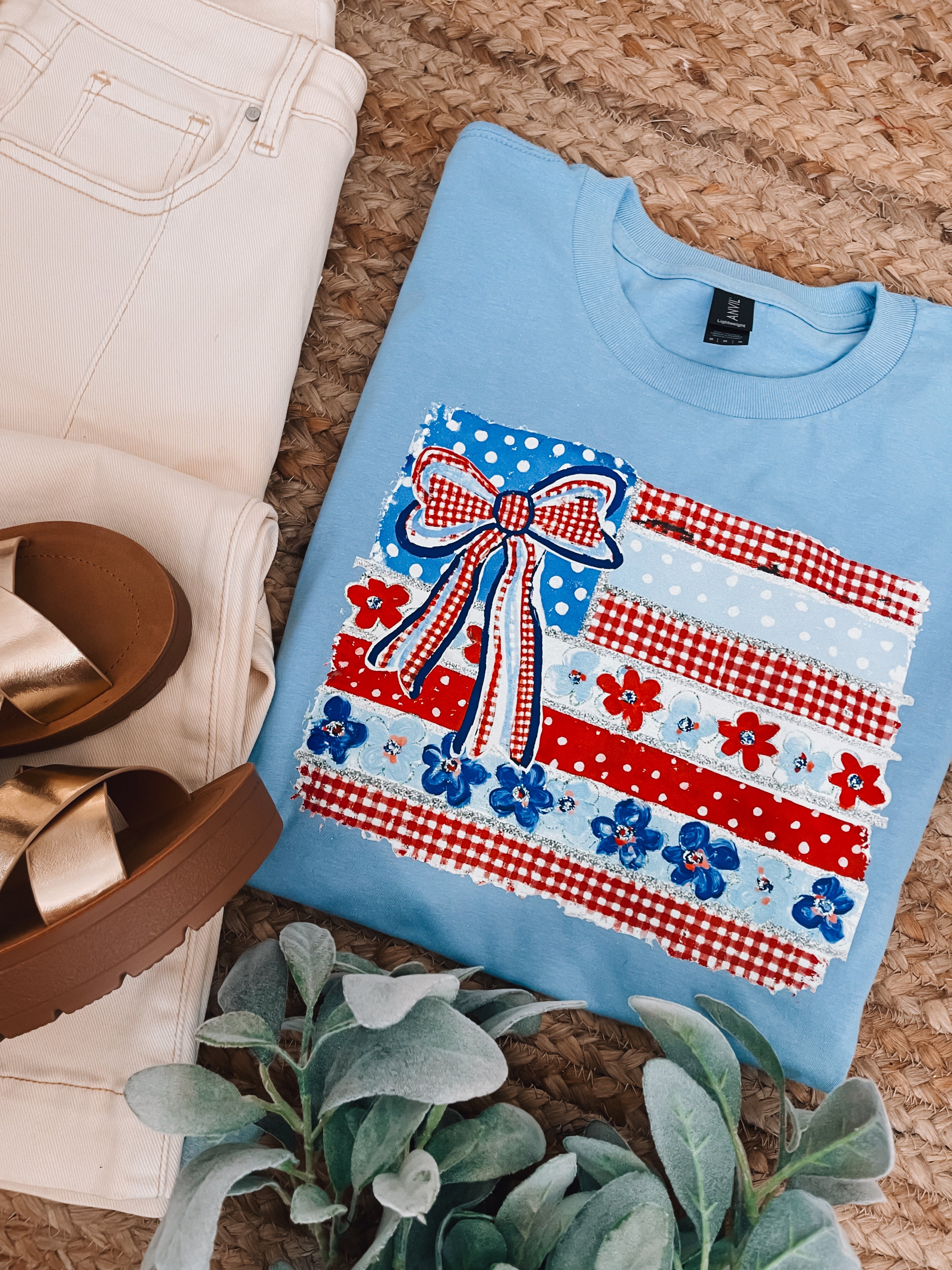 American Flag With Bow Graphic Tee (S-2XL)