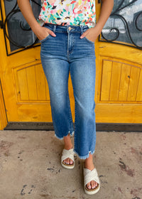 Like Second Nature Mid Rise Crop Straight Leg - Dark Wash Risen Jeans