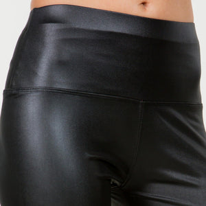 Solid Faux Leather Wide Waistband Ankle Leggings  - Highwaisted - 92% Polyester / 8% Spandex