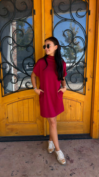 Short And Sweet Scuba Mock Neck Dress (S-XL)- Burgundy