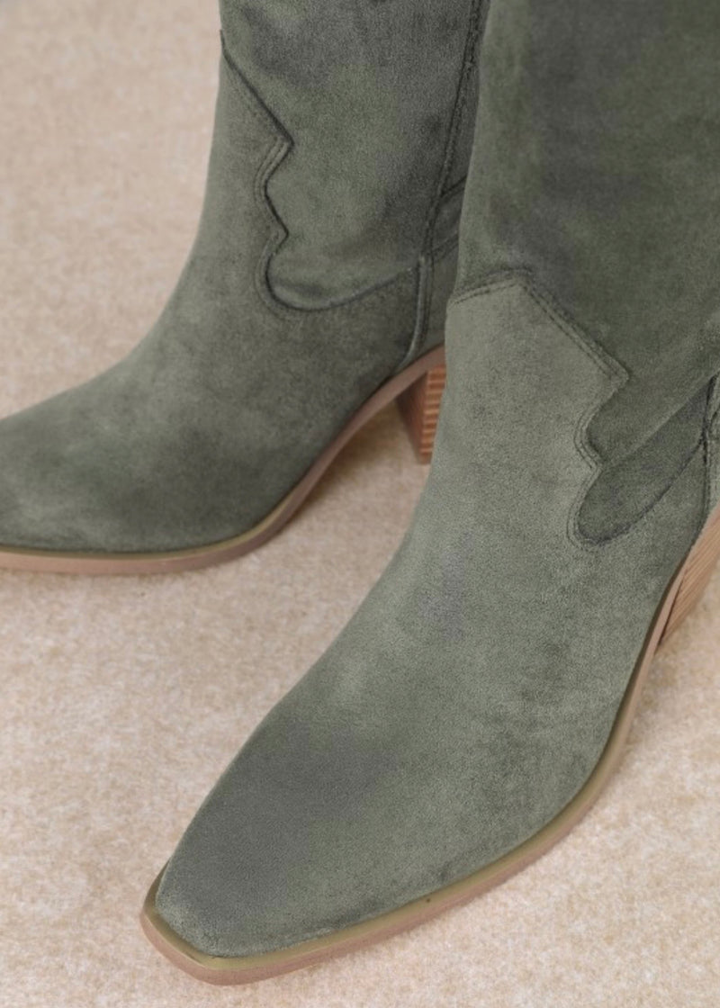 Slay The House Suede Western Boots - Olive