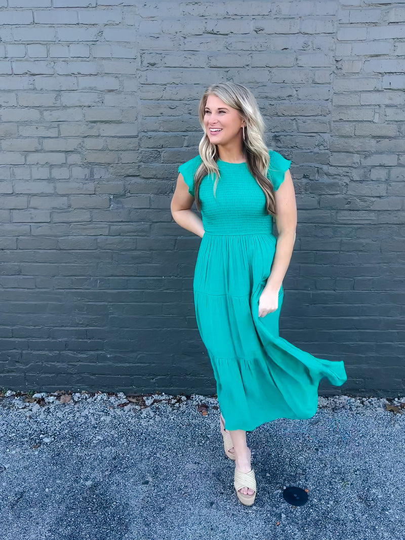 Flirt For Fun Jade Smocked Midi Dress (S-3XL)