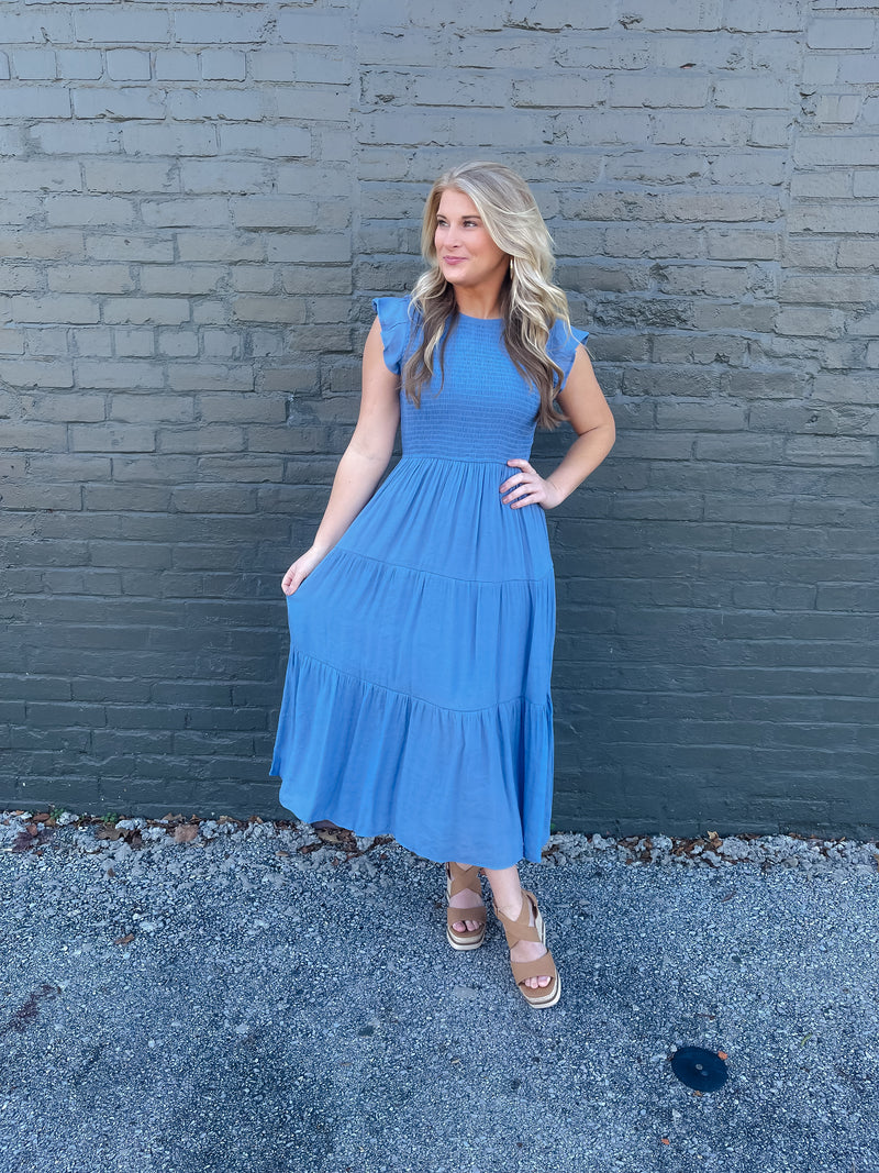 On My Way Chambray Smocked Midi Dress (S-3XL)