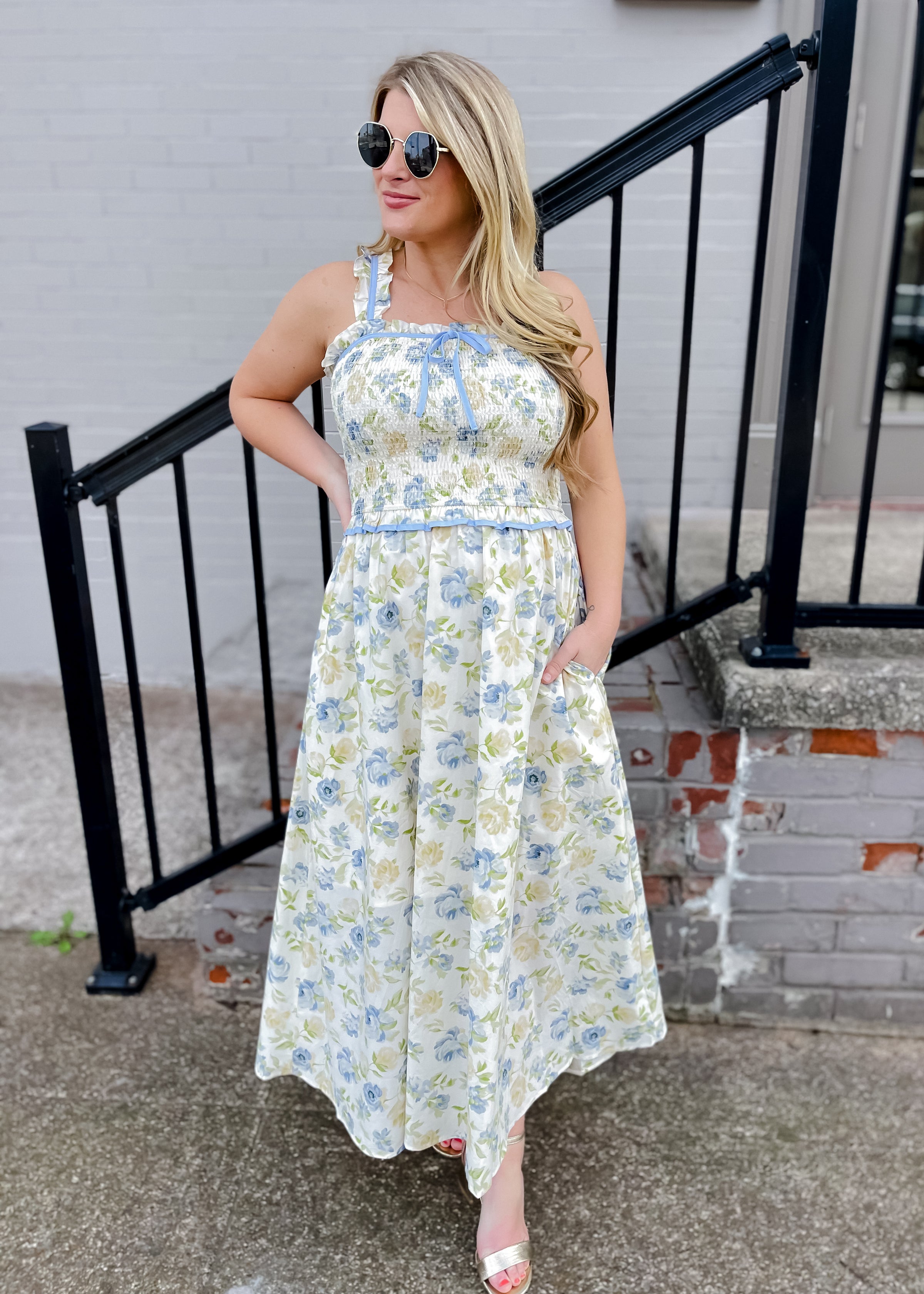 Remembering Spring Floral Smocked Midi Dress with Bow