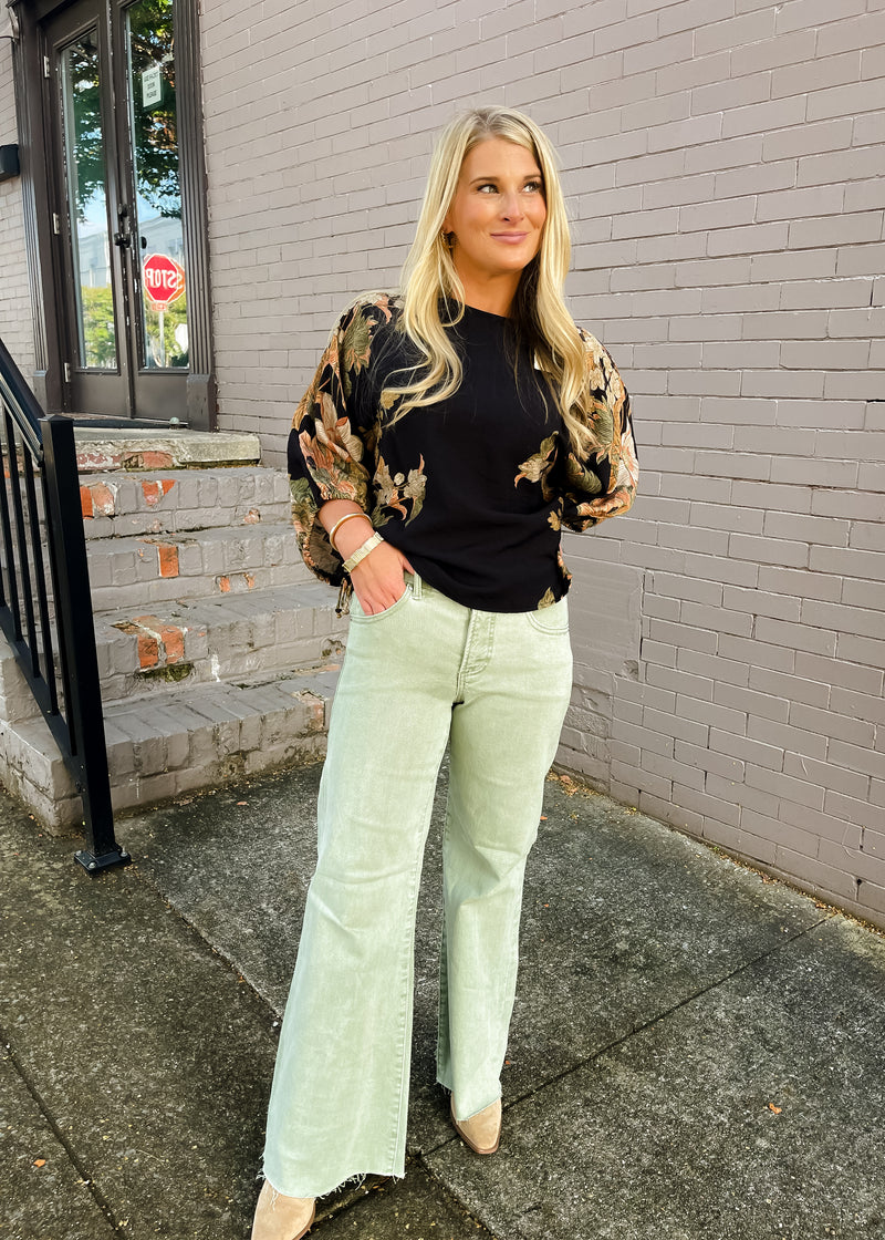 End of Story Olive Tummy Control Mid Rise Wide Leg- Risen Jeans