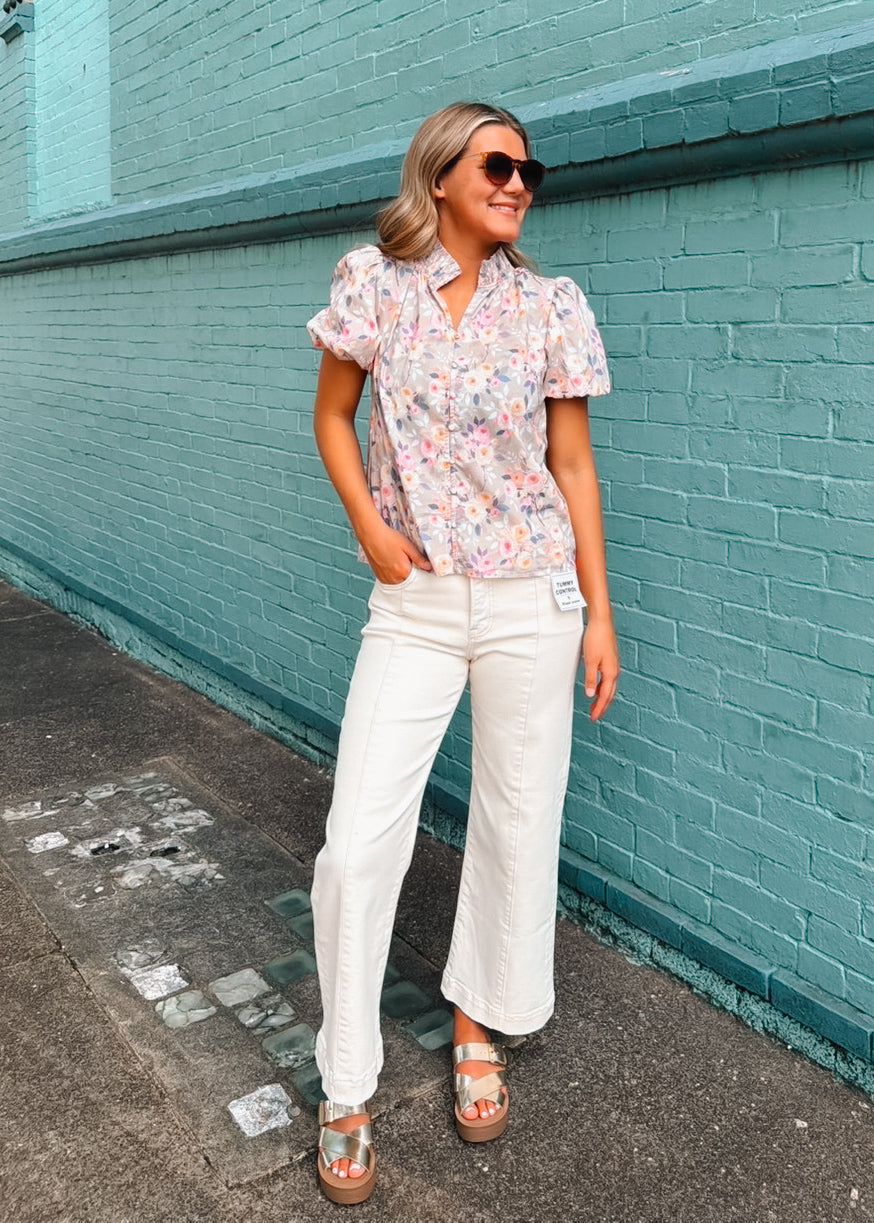 Delicate Floral Button Up Smocked Blouse