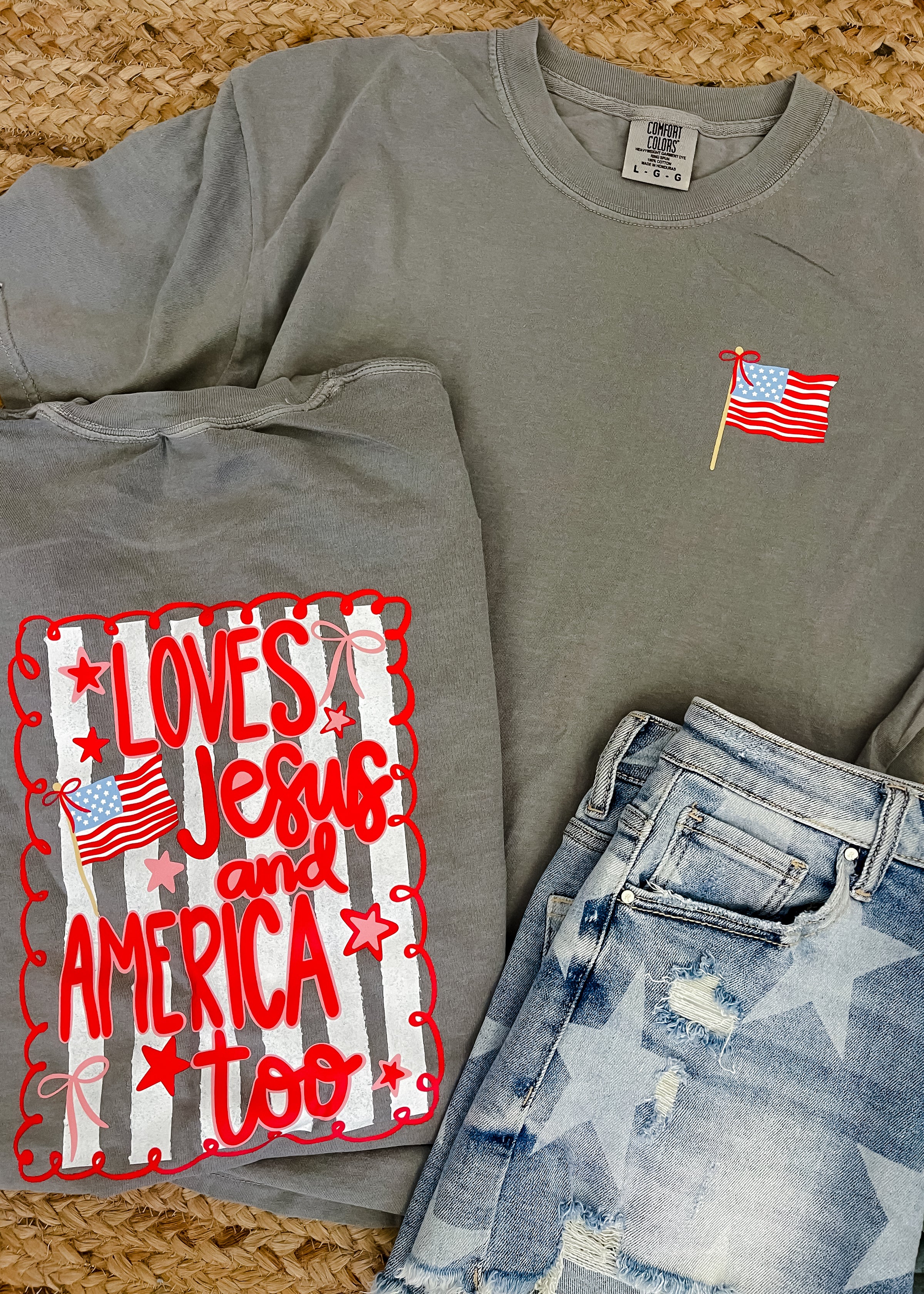 Loves Jesus And America Too Graphic Tee (S-2XL) Pocket and Back