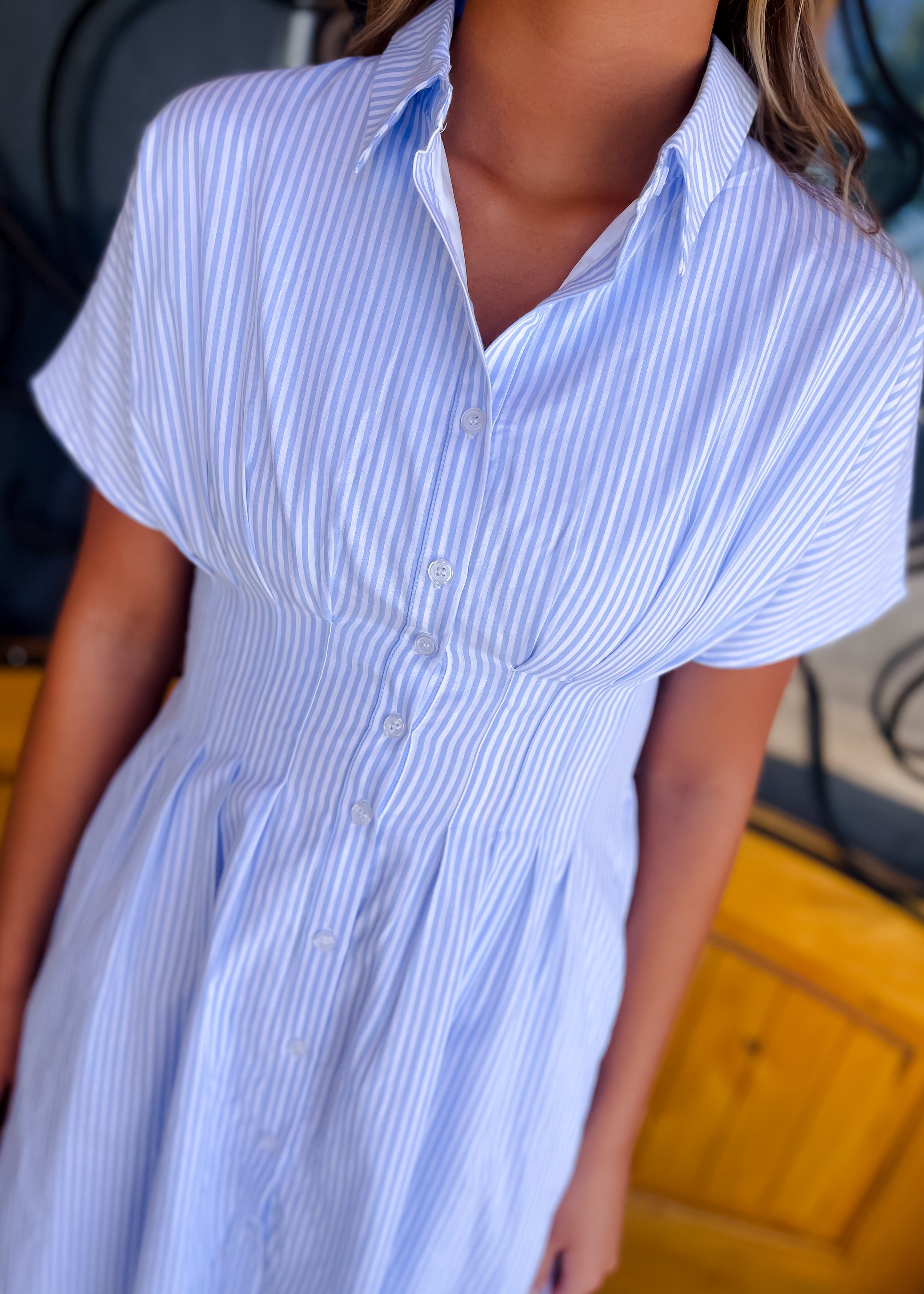 Stripe It Lucky Button Down Pintucked Waist Dress