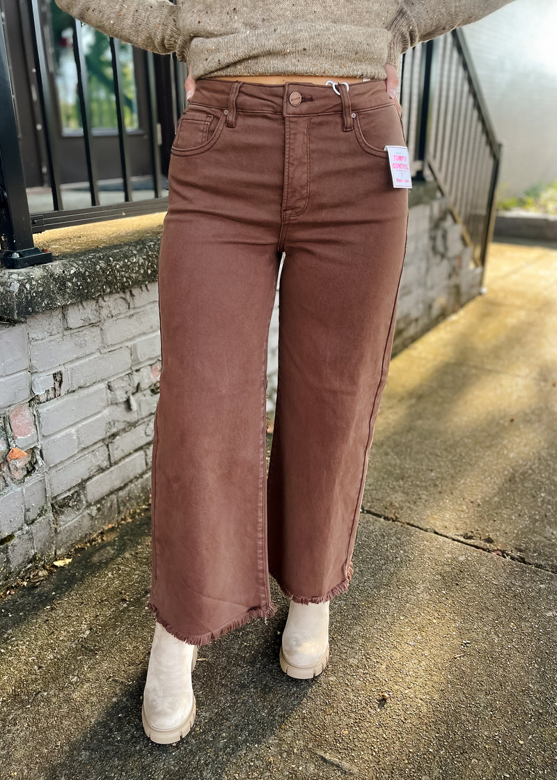 Never Looked Back Brown Tummy Control High Rise Crop Wide Leg- Risen Jeans