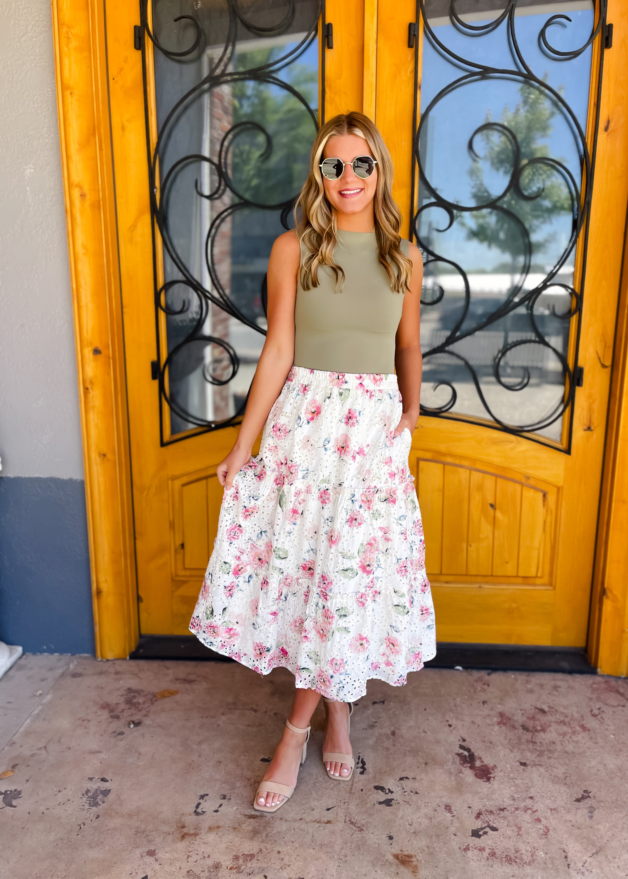 All the Attention Crochet Eyelet Floral Lace Midi Skirt