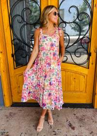 Flower Party Smocked Tie Shoulder  Midi Dress