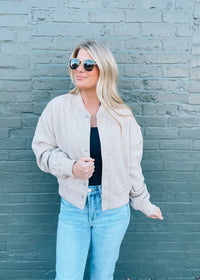 Let Me Think On It Snap Button Bomber Jacket