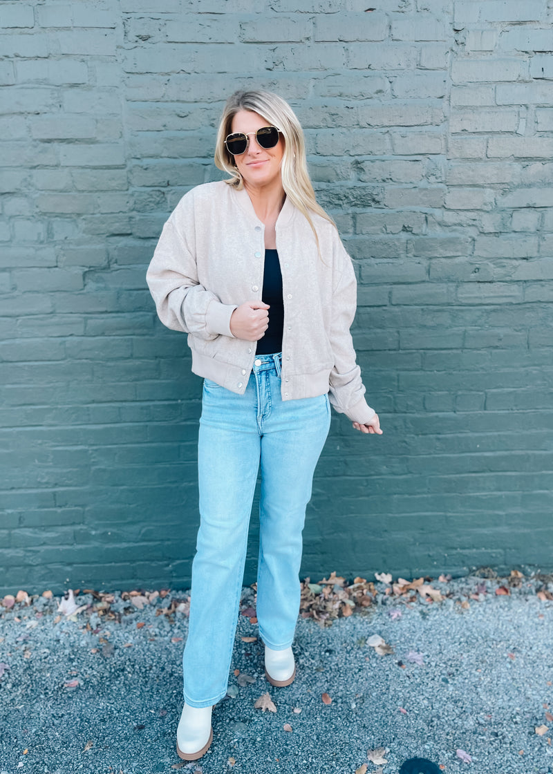 Let Me Think On It Snap Button Bomber Jacket