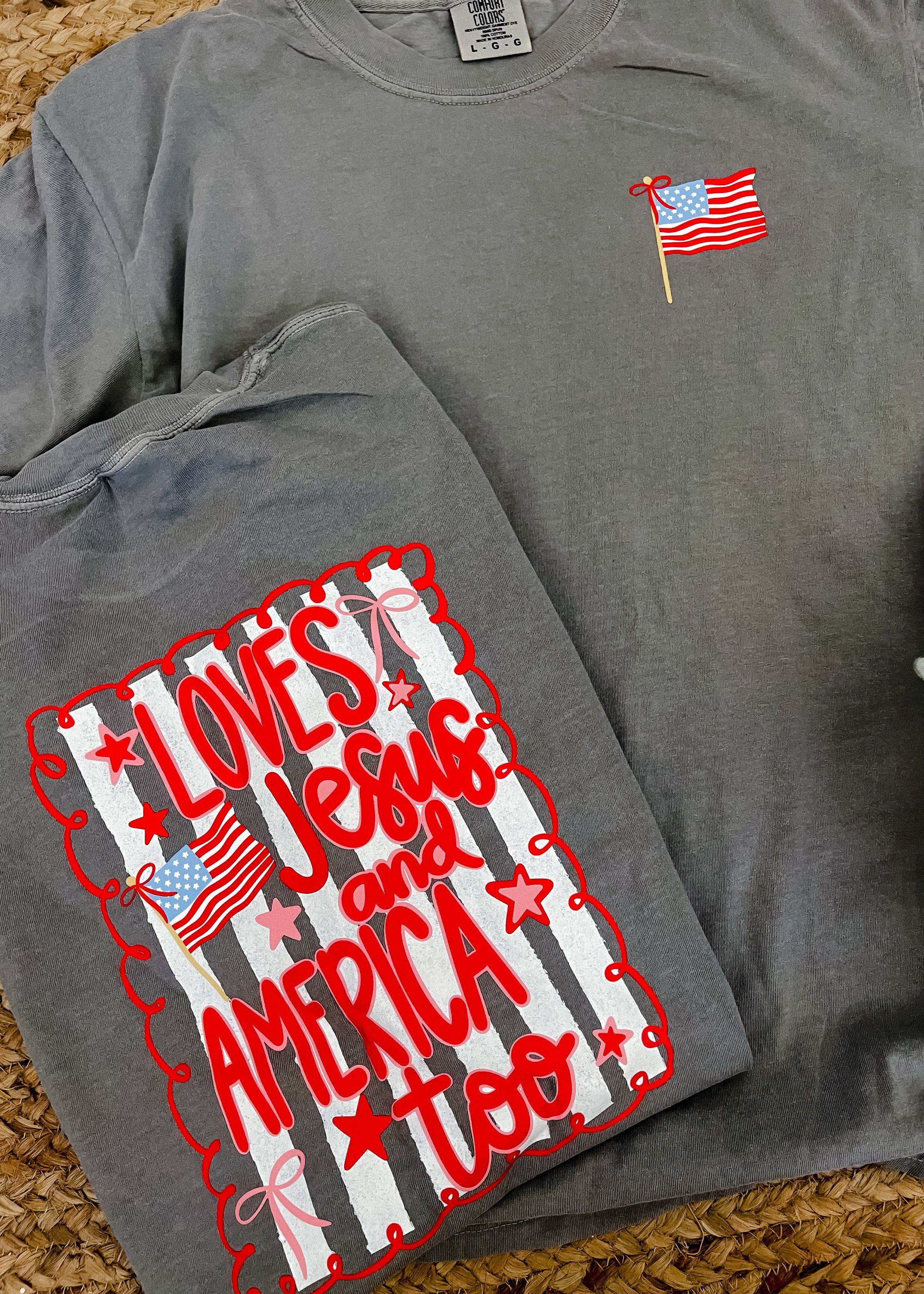 Loves Jesus And America Too Graphic Tee (S-2XL) Pocket and Back