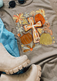 Boho Fall Floral Cross Graphic Tee (S-2XL)