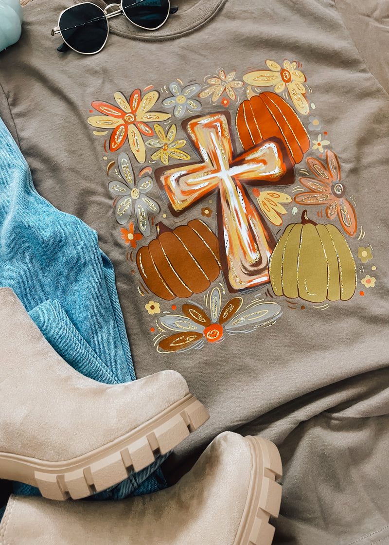 Boho Fall Floral Cross Graphic Tee (S-2XL)