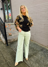 End of Story Olive Tummy Control Mid Rise Wide Leg- Risen Jeans