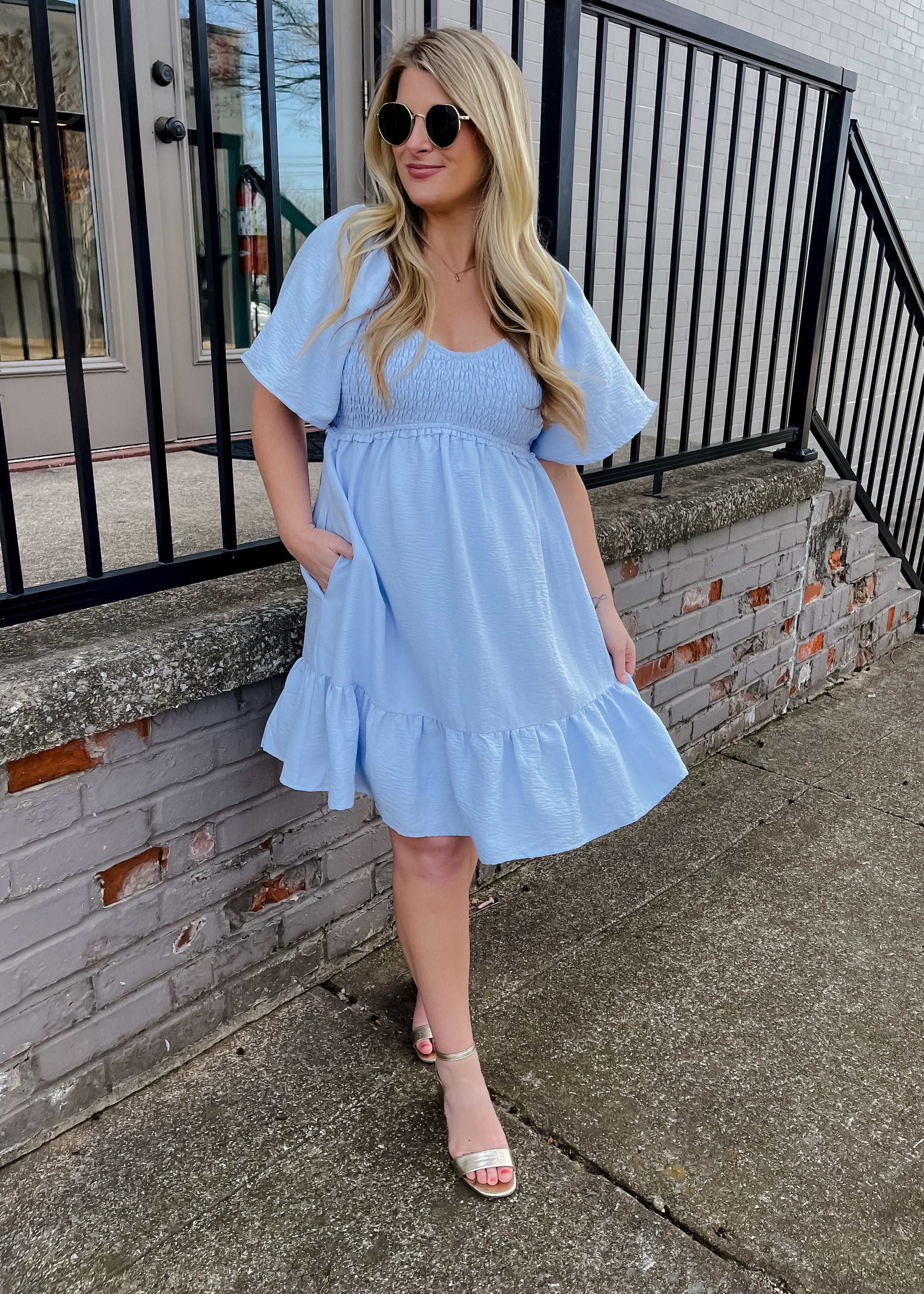 blue smocked mini dress Powder Blue Smocked Top Off Shoulder Mini Dress
