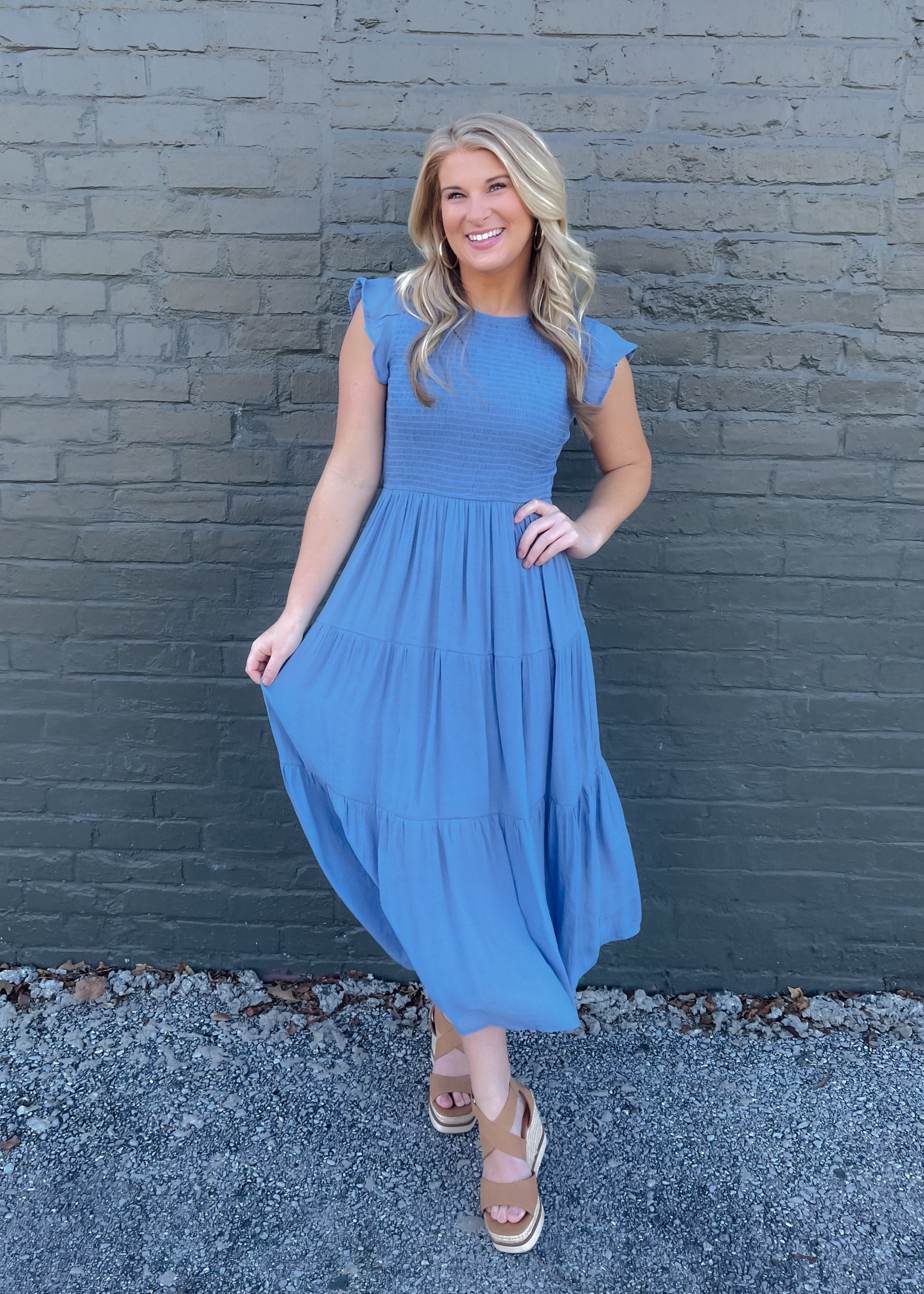 On My Way Chambray Smocked Midi Dress (S-3XL) On My Way Chambray Smocked Midi Dress (S-3XL)