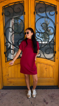 Short And Sweet Scuba Mock Neck Dress (S-XL)- Burgundy