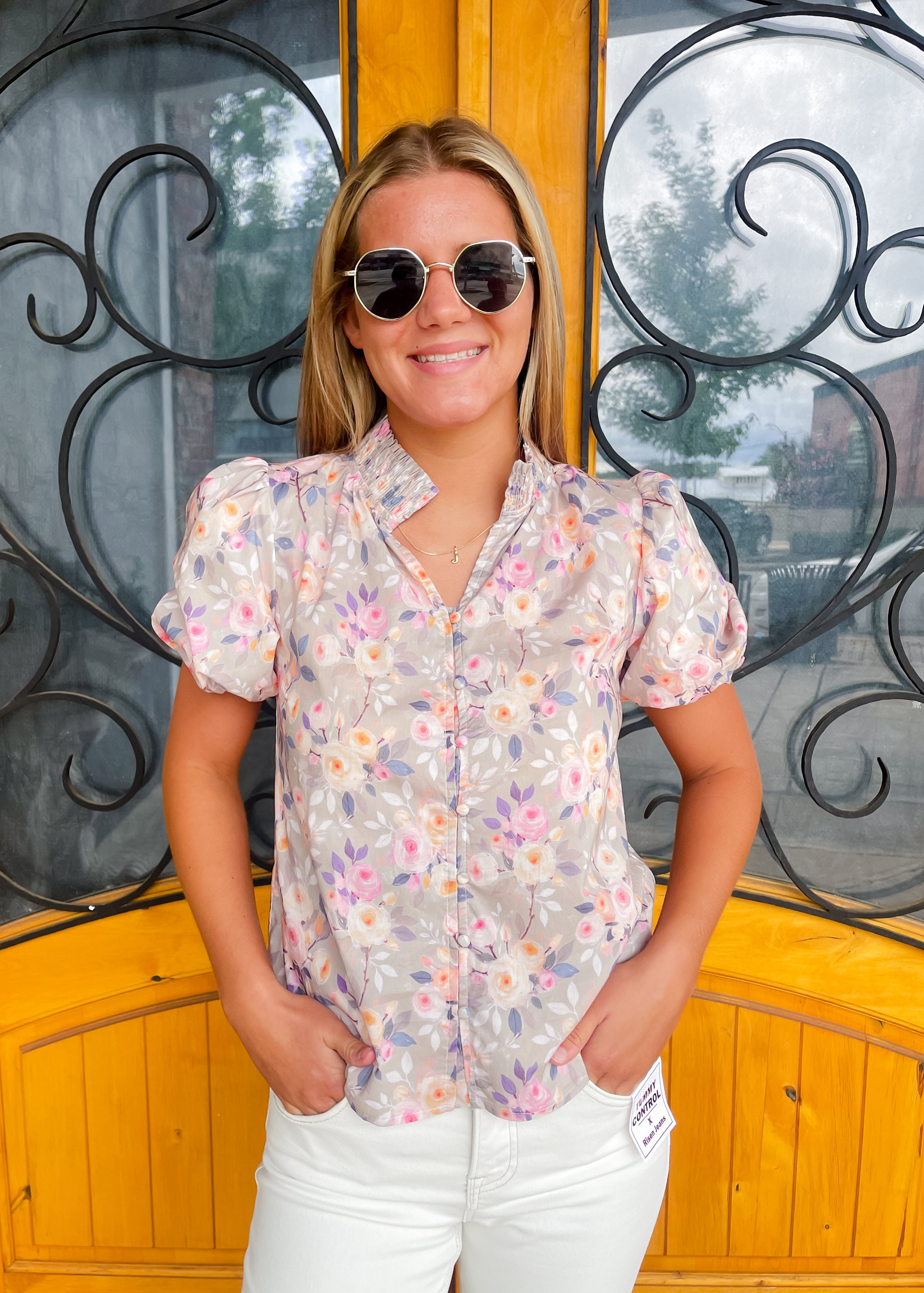 Delicate Floral Button Up Smocked Blouse