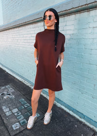 Short And Sweet Scuba Mock Neck Dress (S-XL) - Brown