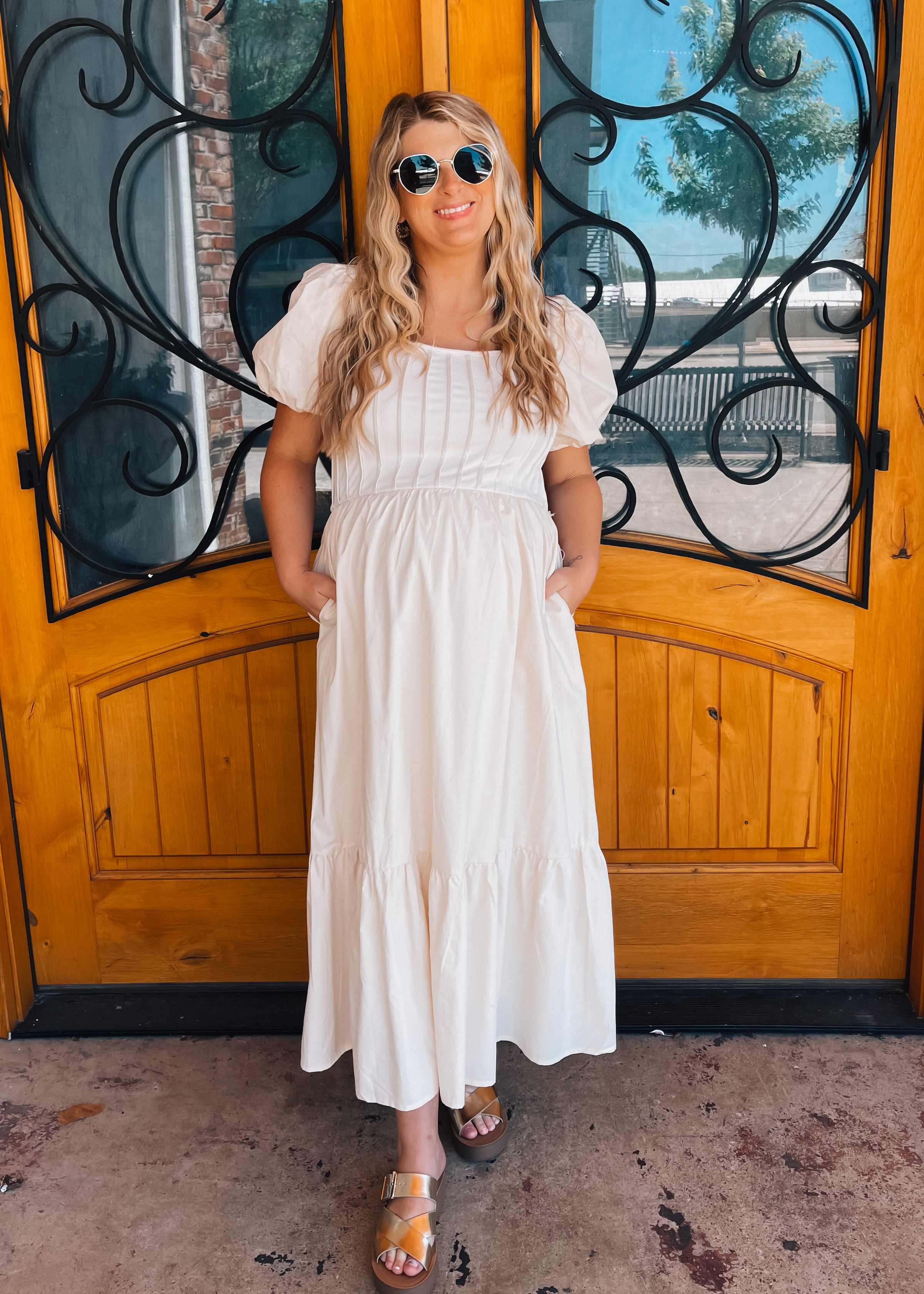 All For It Cream Pintuck Puff Sleeve Midi Dress