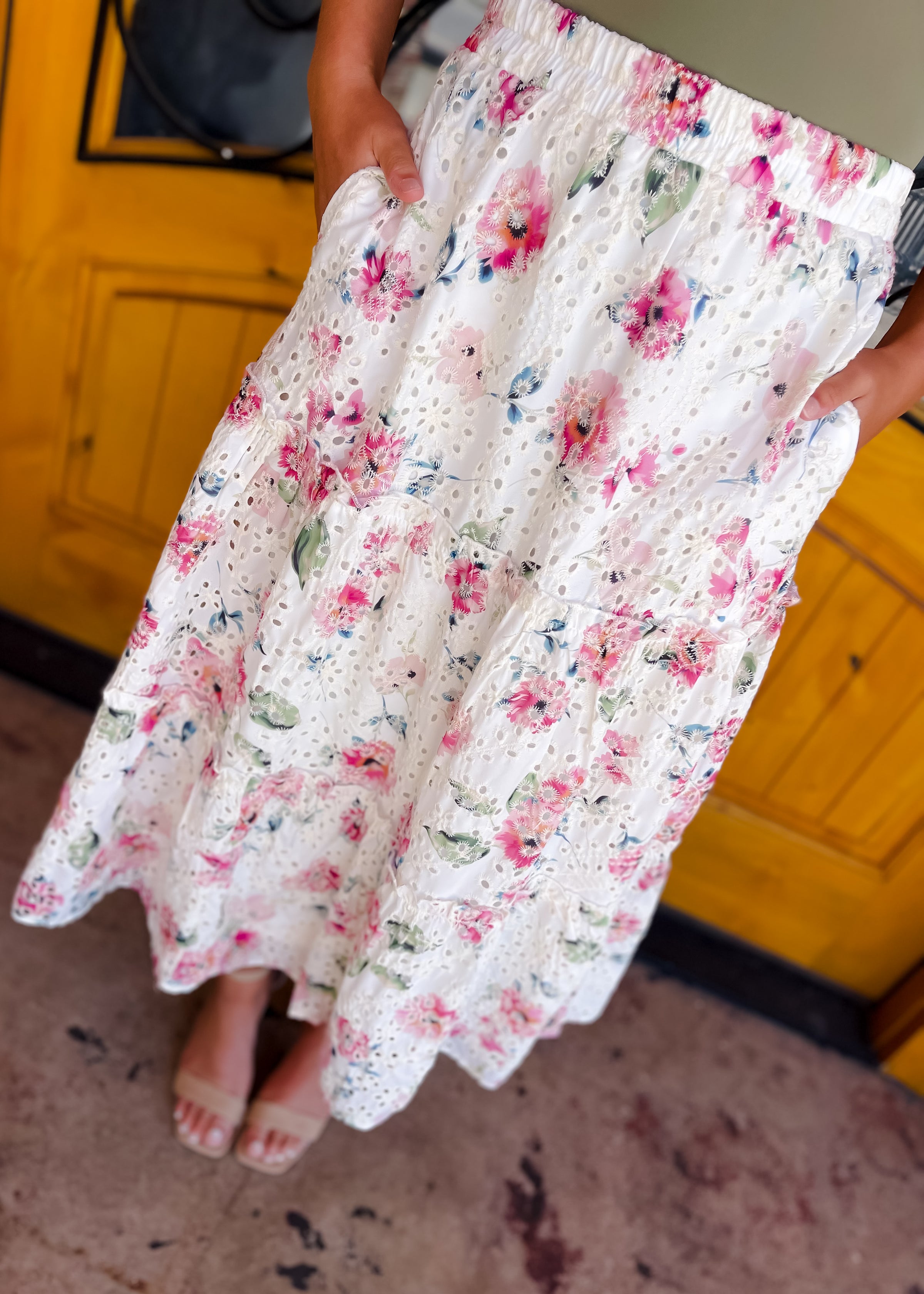 All the Attention Crochet Eyelet Floral Lace Midi Skirt