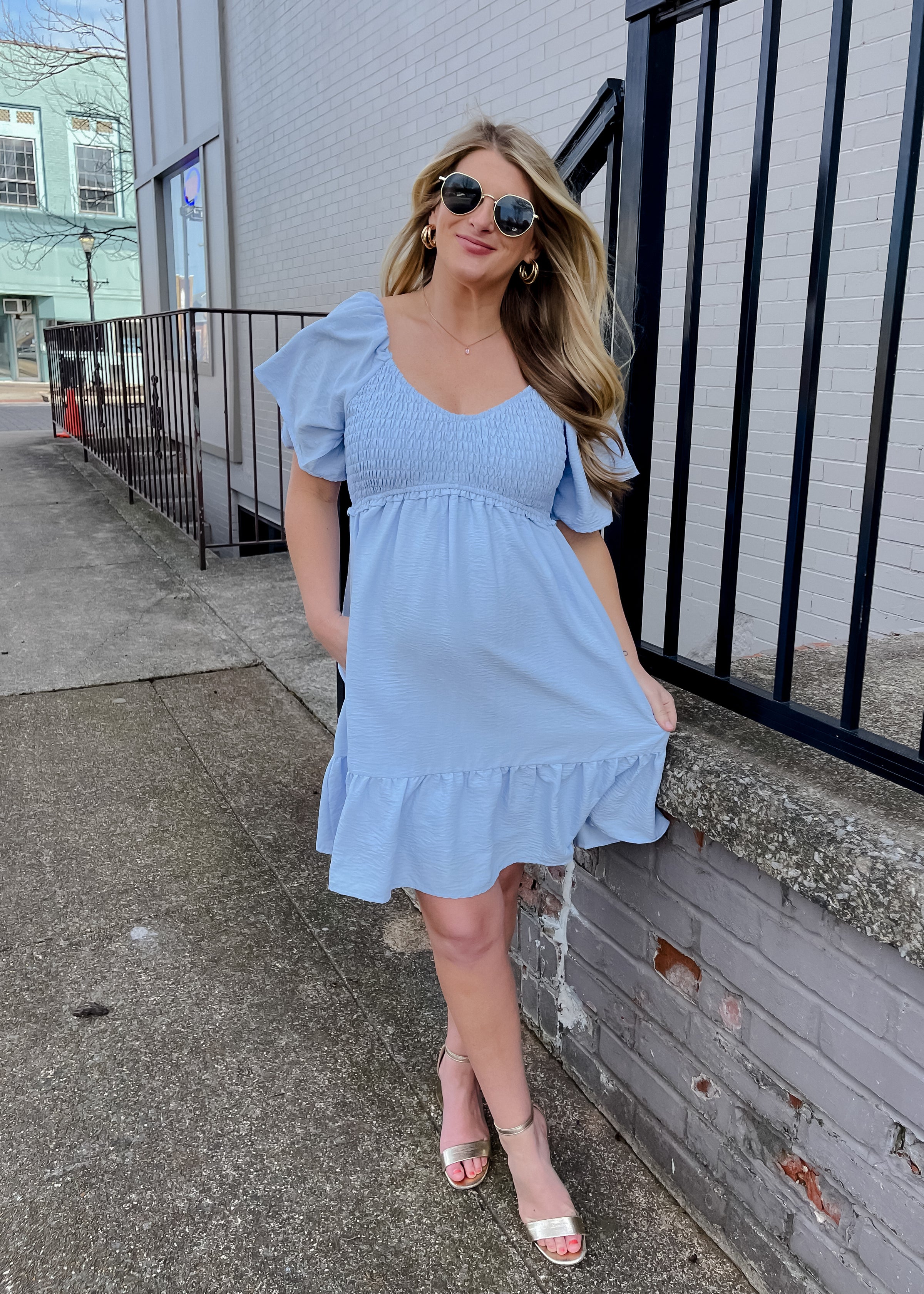 blue smocked mini dress Just Peachy Smocked Mini Dress (Blue)