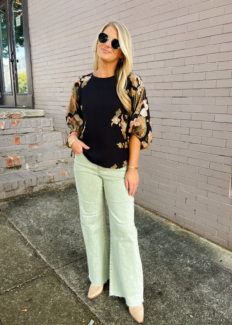 End of Story Olive Tummy Control Mid Rise Wide Leg- Risen Jeans