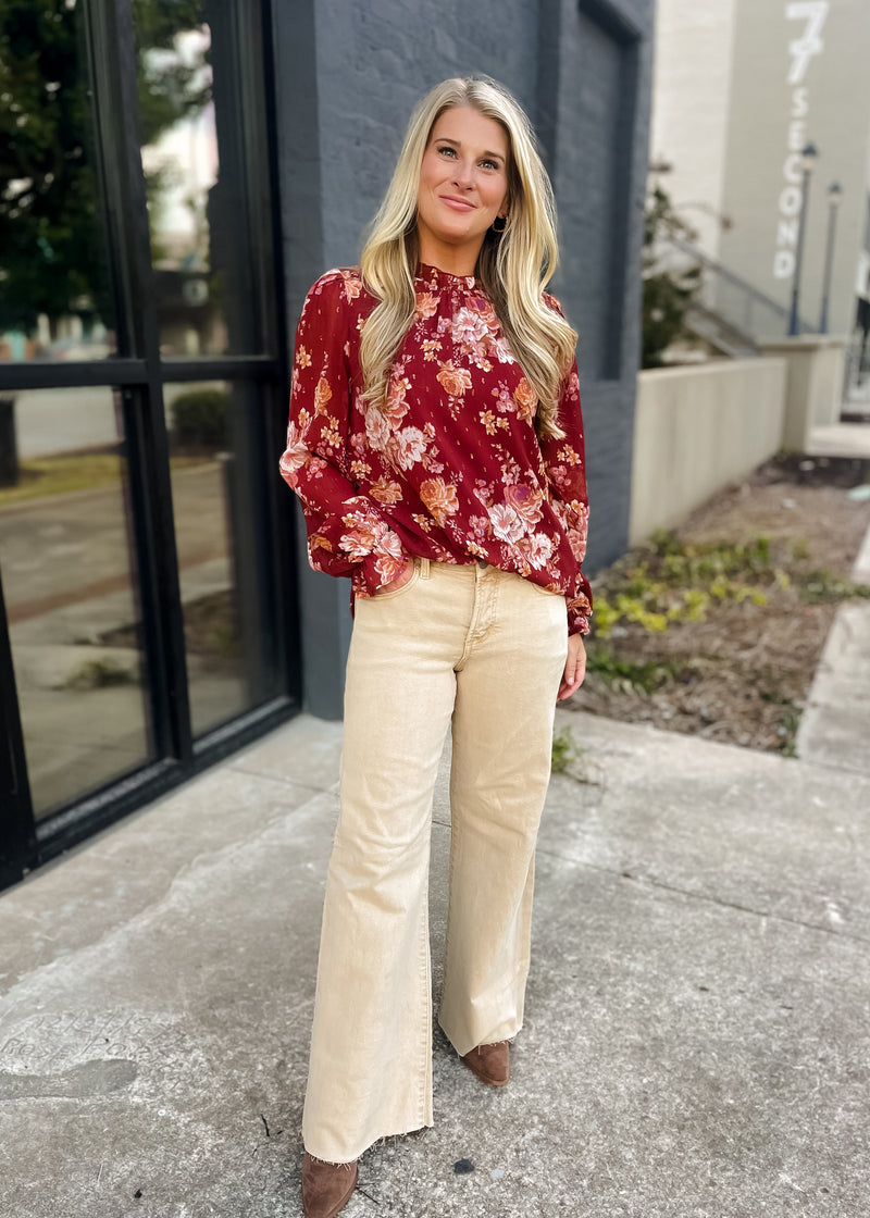 Still Thinking Latte Tummy Control Mid Rise Wide Leg- Risen Jeans