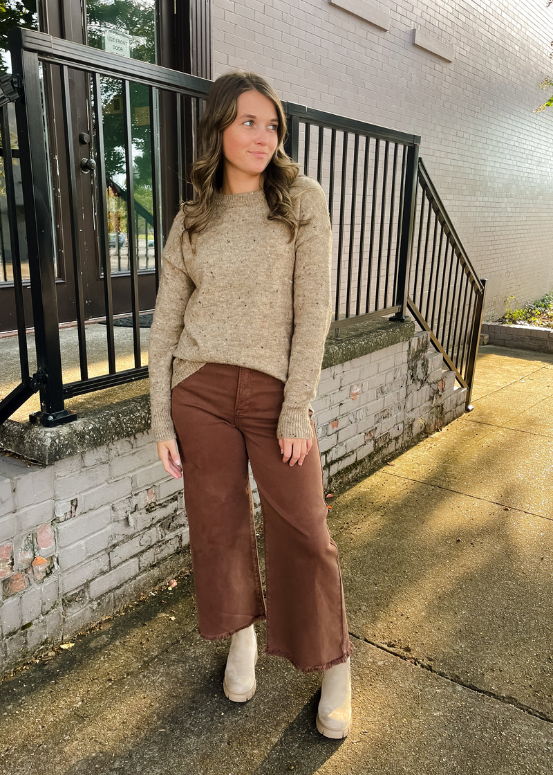 Never Looked Back Brown Tummy Control High Rise Crop Wide Leg- Risen Jeans