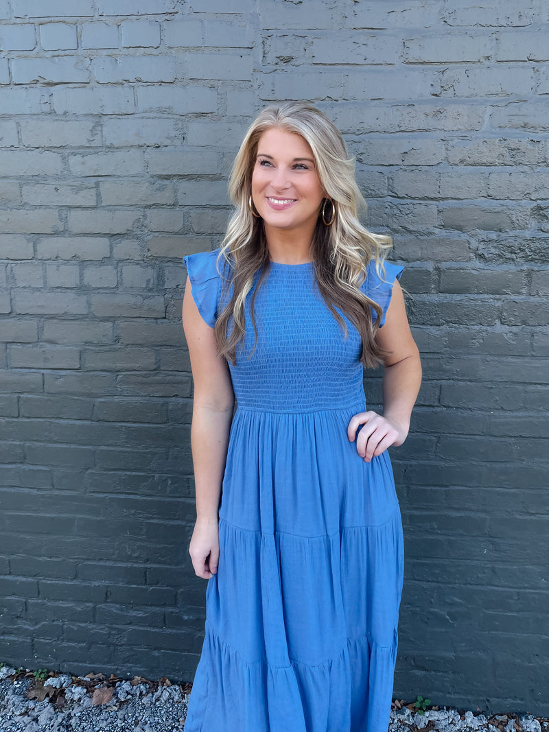 On My Way Chambray Smocked Midi Dress (S-3XL)