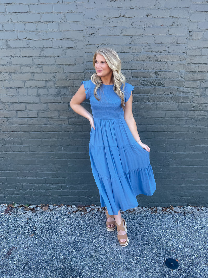 On My Way Chambray Smocked Midi Dress (S-3XL)