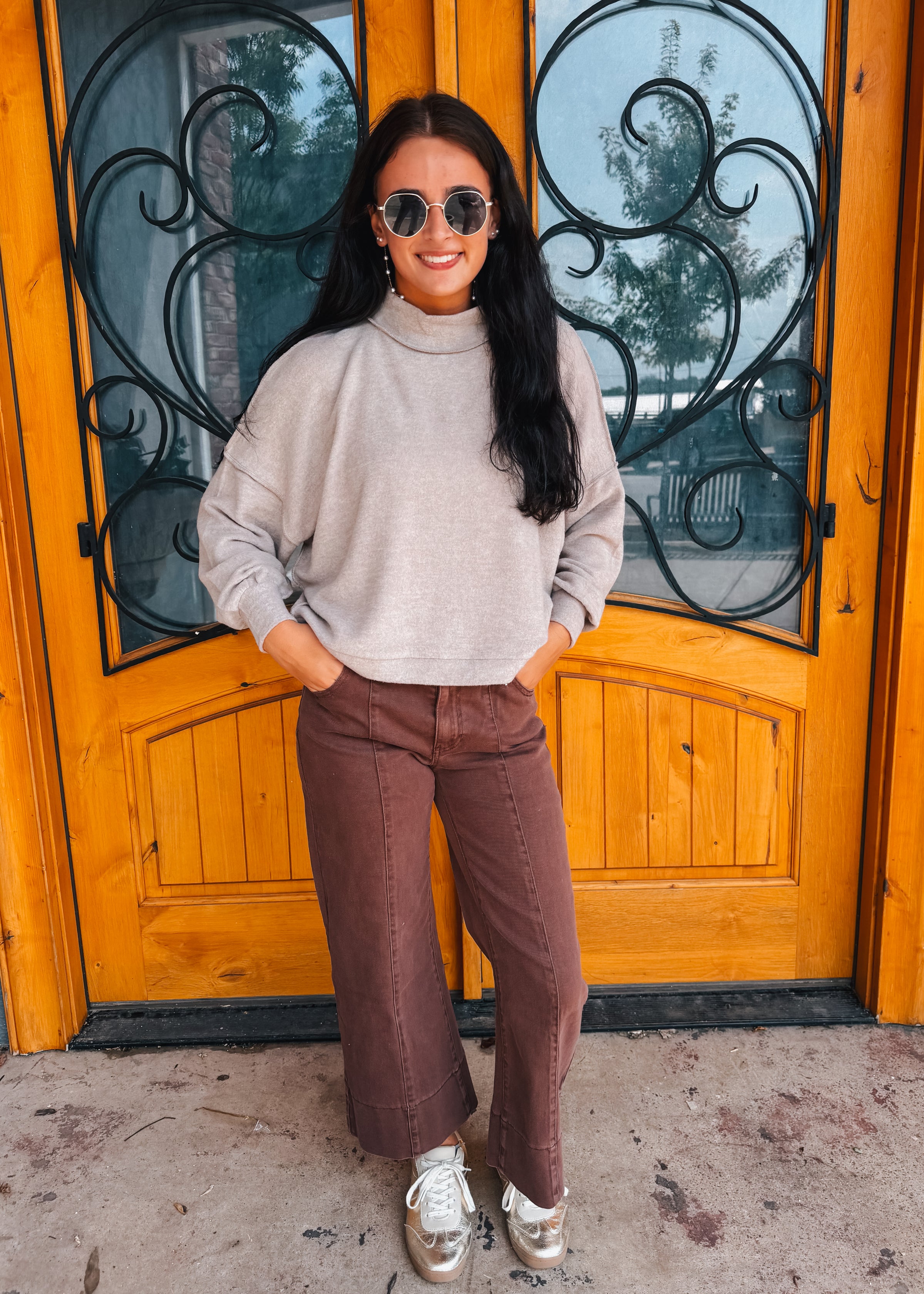 Forever Falling Mid Rise Cropped Wide Leg Jean - Brown
