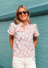 Delicate Floral Button Up Smocked Blouse