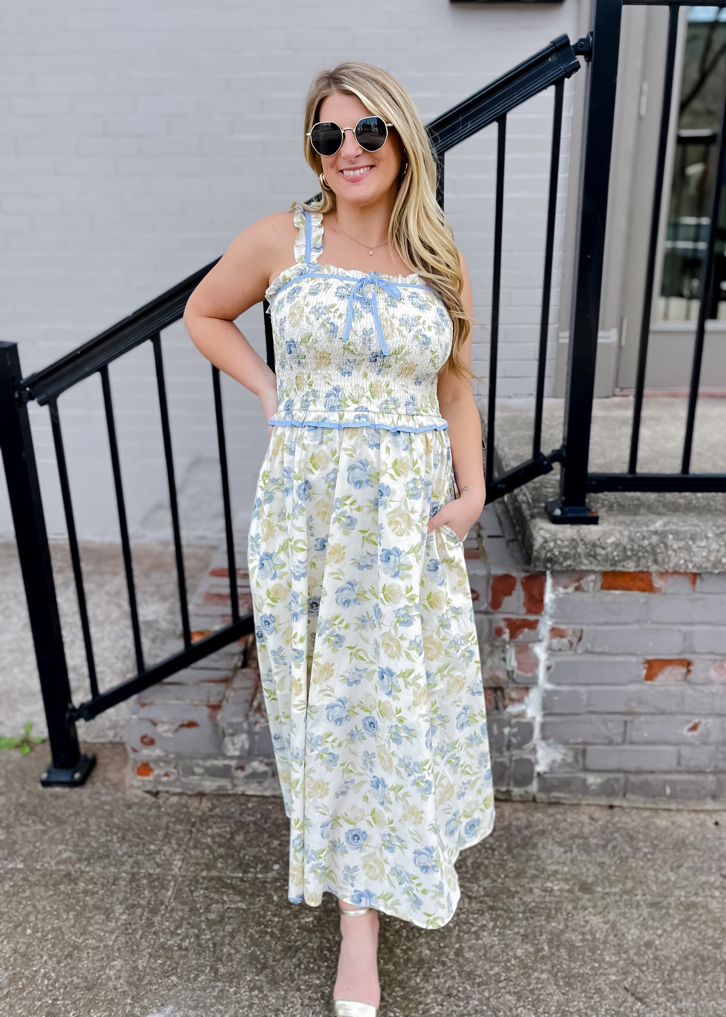 Remembering Spring Floral Smocked Midi Dress with Bow
