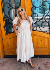 All For It Cream Pintuck Puff Sleeve Midi Dress