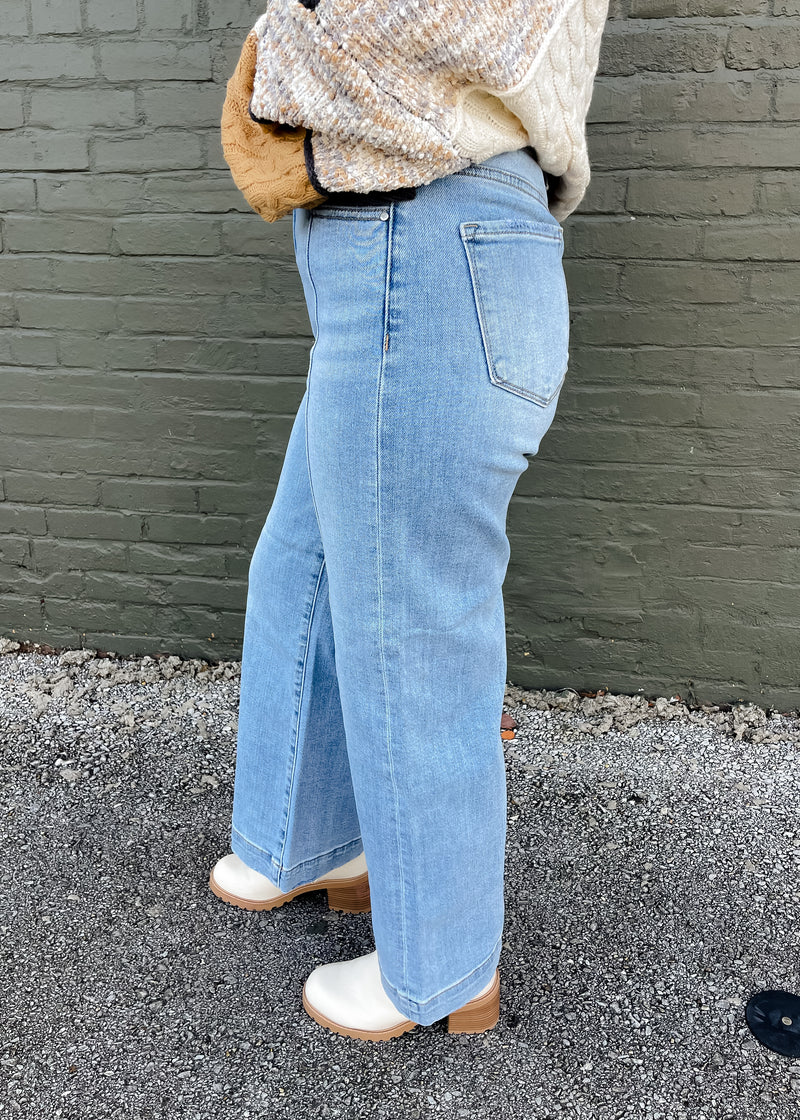 Little Too Late High Rise Crop Line Detail Wide Leg- Risen Jeans