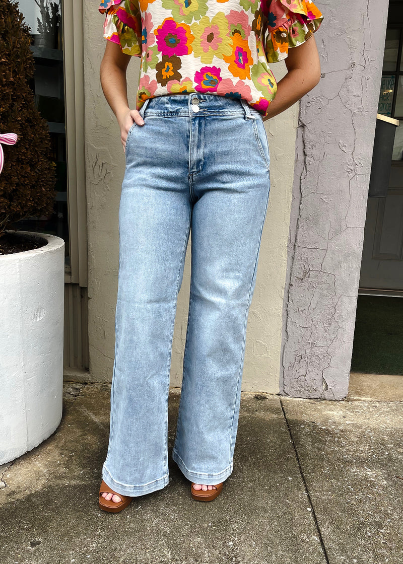 Always On Time Wide Leg Double Button Jeans